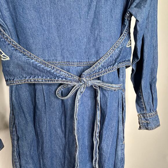 Vtg 90s JANE ASHLEY Medium Denim Maxi Dress Vest Embroidery Cottage Modest Fall - Picture 4 of 8